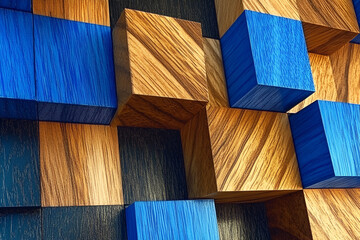 Poster - blue and brown wooden cubes: a mesmerizing abstract pattern of wooden cubes, with blue and brown ton