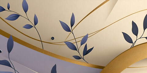 Sticker - Elegant Ceiling Design:  A close-up showcasing a meticulously painted ceiling design.  The design features graceful blue leaves on elegant gold vines against a soft, cream-colored backdrop.