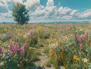 Poster - Summer meadow wildflowers, tree, sunny sky