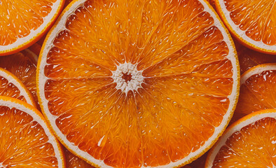 Poster - A close up of an orange with the inside of the fruit visible. The orange is sliced and the inside is shown