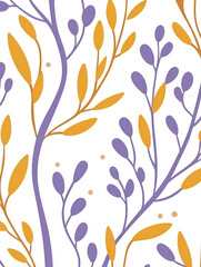 Poster - Whimsical Botanical Pattern: A delightful abstract floral pattern featuring stylized branches with purple and yellow leaves, creating a visually engaging and modern design.