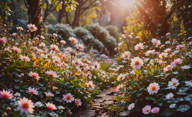 Poster - A field of pink flowers with a path through it. The flowers are in full bloom and the sun is shining brightly, creating a warm and inviting atmosphere