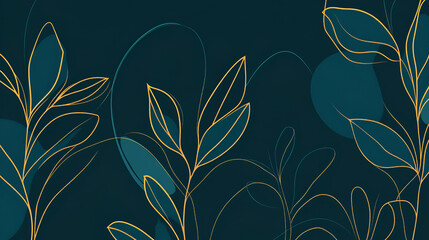 Sticker - Emerald Dreamscape:  An abstract  art  background with delicate golden foliage drawn on a deep teal  canvas.  The minimalist linework and muted tones evoke tranquility and create an elegant.