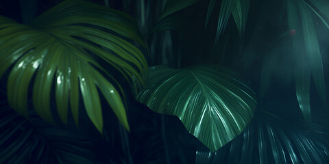 Wall Mural - Tropical Rainforest at Night: Lush, dark green tropical foliage glistens with moisture under a moonlit sky, creating a mysterious and serene atmosphere.  