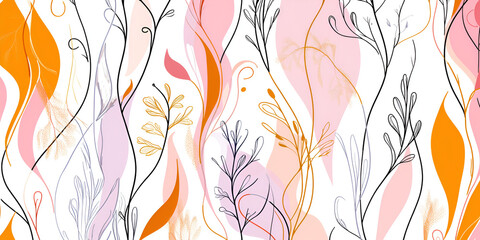 Poster - Abstract Floral Wave:  A vibrant, seamless pattern featuring stylized floral elements in shades of pink, orange, and gray, set against a flowing wave-like background.