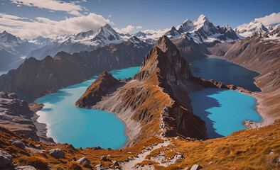 Poster - A mountain range with a lake in the middle and a mountain on the right. The lake is blue and the mountain is brown
