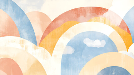 Sticker - Pastel Rainbow Hills: A whimsical illustration featuring overlapping pastel rainbow arches, reminiscent of rolling hills against a soft blue sky with fluffy clouds.  The style is soft, dreamy.