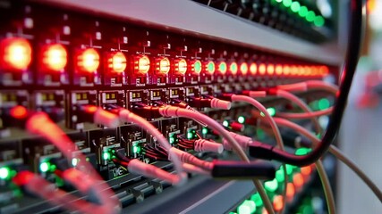 Poster - close up of server rack blinking with red and green lights, representing the complex network infrast