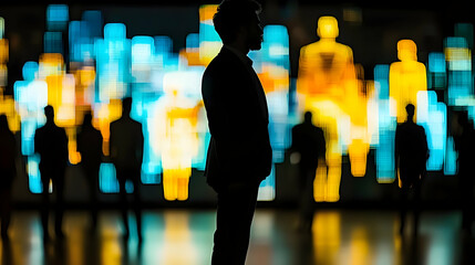 Poster - Man silhouetted against city data display