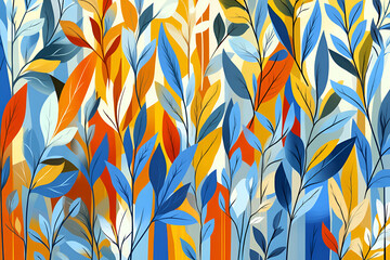 Poster - Autumnal Leavescape: An abstract illustration featuring vibrant blue, orange, and yellow leaves, creating a rich tapestry of autumnal colors.