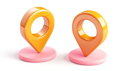 Two orange map pins on pink bases isolated on white for location apps