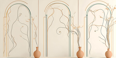 Poster - Abstract Minimalist Wall Art: A captivating trio of arches adorned with delicate, flowing lines creates a minimalist, yet mesmerizing visual statement against a neutral background.