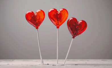 Aufkleber - Three red lollipops with white sticks are arranged in a row. The lollipops are heart-shaped and are placed on a table. Concept of love and affection