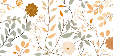 Poster - Autumn Floral Pattern:  A delicate and intricate pattern of stylized leaves and flowers in warm earthy tones of orange, yellow, and green, creates a sense of gentle beauty and seasonal charm.  