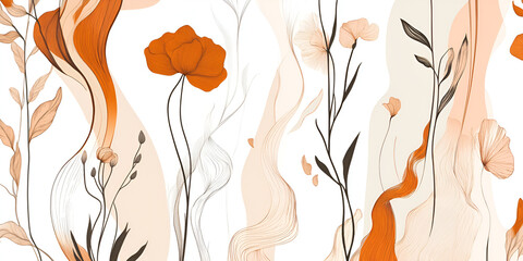 Poster - Abstract Floral Pattern: A delicate and minimalist floral pattern, with orange, peach, and white flowers gracefully dancing amidst abstract swirls and leaves.