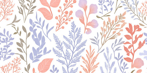 Poster - Pastel Botanical Seamless Pattern: A delicate and charming seamless pattern featuring a variety of pastel-colored botanical illustrations, including leaves, branches, and floral elements.