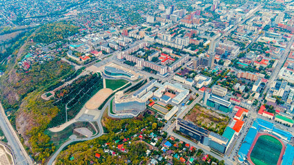 Wall Mural - Ufa, Russia. Panorama of the central part of the city of Ufa. Time after sunset, Aerial View