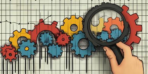 Poster - Analyzing the Mechanism: A hand holds a magnifying glass, focusing on a complex system of colorful interlocking gears drawn on a graph background, symbolizing in-depth analysis and strategic planning.