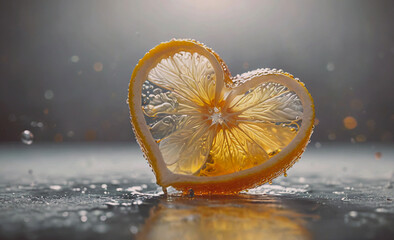 Poster - A heart shaped orange slice is floating in a puddle of water. Concept of whimsy and playfulness, as the orange slice is transformed into a heart shape. The water adds a sense of movement
