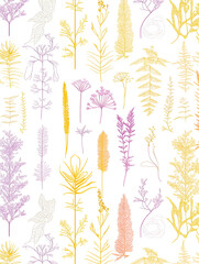 Poster - Botanical Watercolor Pattern: A delicate and intricate watercolor pattern featuring an array of stylized botanical elements in soft pastel hues of pink, yellow, and white.
