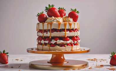 Poster - A cake with strawberries and cream on top of a gold cake stand. The cake is tall and has a lot of layers