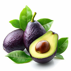 Wall Mural - Ripe avocados with leaves, isolated, healthy food