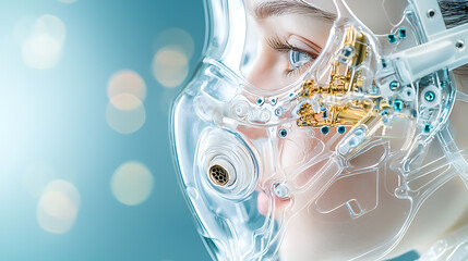 Poster - Futuristic robot face close-up technology lab digital portrait sci-fi environment intimate viewpoint innovation concept