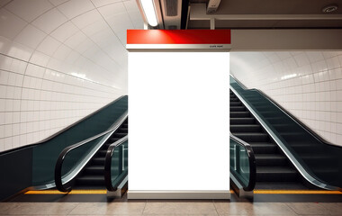 Poster - Blank white banner at subway station, Mock up blank advertising billboard near escalator building, Empty space, insert advertisement or information, Generative Ai