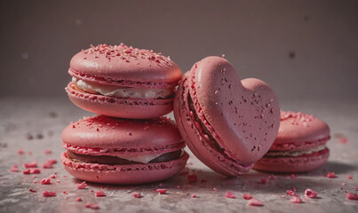 Poster - A stack of pink macarons with a heart shape on top. The macarons are decorated with powdered sugar and are arranged in a pyramid shape. Concept of elegance and sophistication