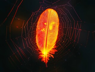 Glowing Feather Suspended in a Captivating Spider s Web