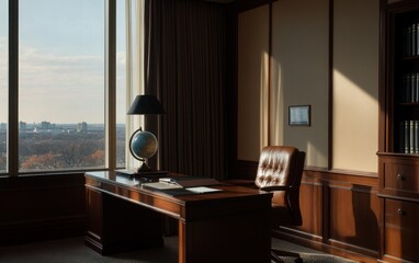 Wall Mural - Luxurious corner office featuring a polished mahogany desk, a crystal globe, and a plush leather chair. 