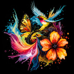 Poster - Watercolor spring painting with butterfly bird and flowers . Generative AI