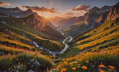 Poster - A beautiful mountain valley with a river running through it. The sun is setting, casting a warm glow over the landscape. The scene is serene and peaceful, with the mountains and river creating a sense