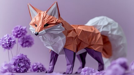 Wall Mural - Origami Fox Amidst Lavender Paper Flowers