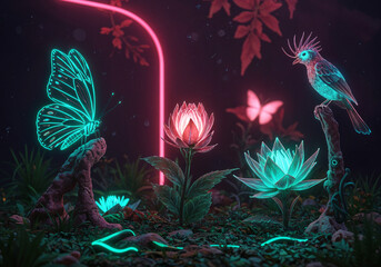 Poster - neon spring painting with butterfly bird and flowers . Generative AI