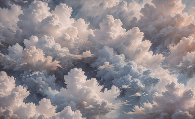 Poster - The sky is filled with fluffy white clouds, creating a serene and peaceful atmosphere. The clouds are scattered throughout the sky, with some closer to the top and others lower down. The overall