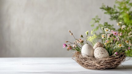 A bird's nest with white Easter eggs