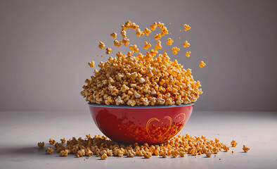 Poster - A bowl of popcorn is overflowing with kernels, creating a sense of abundance and indulgence. The red bowl and the scattered popcorn create a cozy and inviting atmosphere, perfect for a movie night or