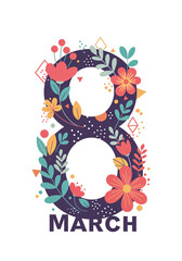 Poster - stylized number eight in honor of celebrating women's day with flowers . Generative AI