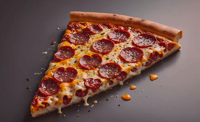Poster - A slice of pepperoni pizza with cheese on it. The pizza is cut in half and is sitting on a table