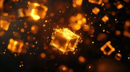 Poster - Futuristic Abstract Background Featuring Glowing Orange Cubes with Dynamic Light and Shimmering Particles Floating in a Dark Environment, Creating a sense of Depth and Technology