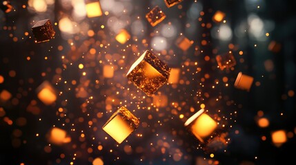 Poster - Bright Floating Cubes in a Dreamlike Environment Filled with Sparkling Particles and Soft Glowing Light for Abstract Backgrounds or Graphic Designs