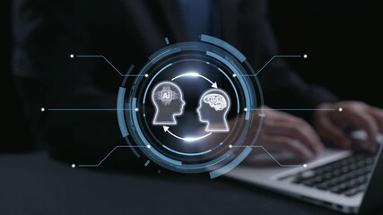 Poster - human interact with ai artificial intelligence brain processor in concept of ai artificial intellige