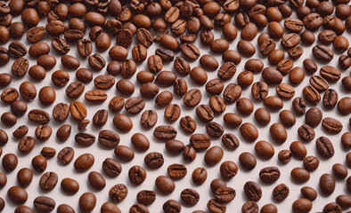Aufkleber - A close up of coffee beans on a white background. The beans are spread out in a pattern, with some overlapping and others not. Concept of warmth and comfort, as coffee is often associated with