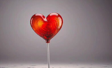 Poster - a heart-shaped lollipop is sitting on a stick. the lollipop is red and orange, and it is glowing. co
