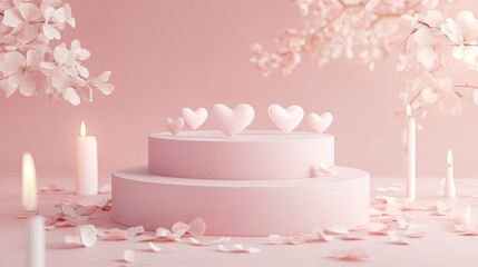 Poster - Pastel pink podium with hearts and flowers, romantic display.