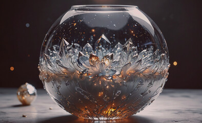 Poster - A glass vase with a flower design is lit up with a warm glow. The vase is placed on a table next to a silver ornament. Scene is serene and calming, as the warm light