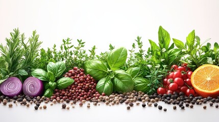 Wall Mural - Fresh herbs, spices, and vegetables arranged artistically on a light background, showcasing vibrant colors