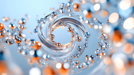 Abstract swirling metallic spheres, light bokeh background, digital art, ideal for tech or science visuals