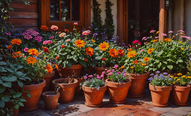 Poster - A row of potted plants with a variety of flowers, including daisies, are arranged on a patio